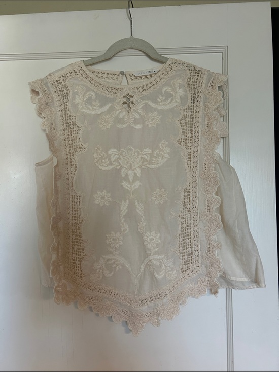 Zara Tops - Zara Lace-Trim Embroidered Sleeveless Top - Cream